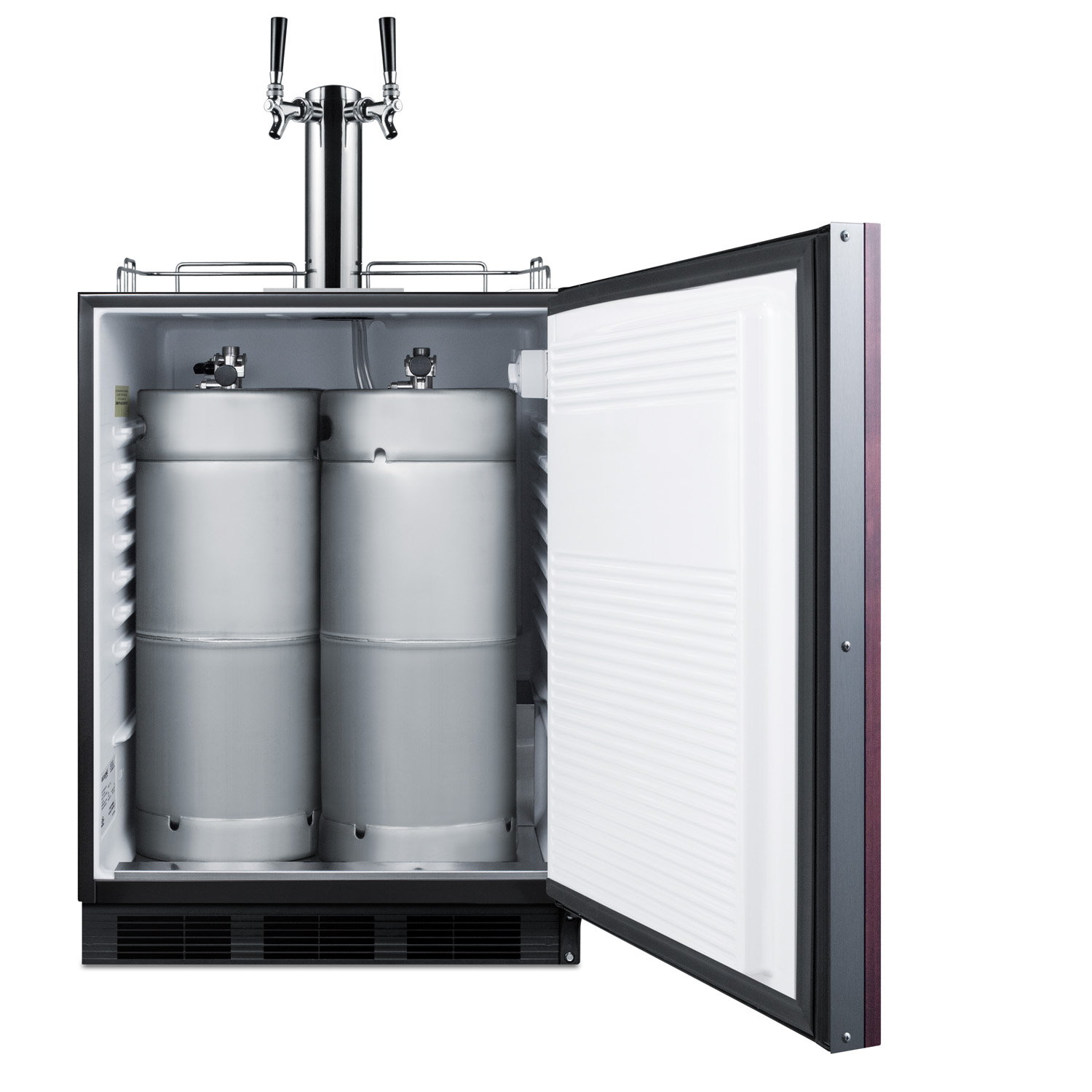 Built-in undercounter ADA height commercially listed dual tap beer dispenser with panel-ready door and black cabinet